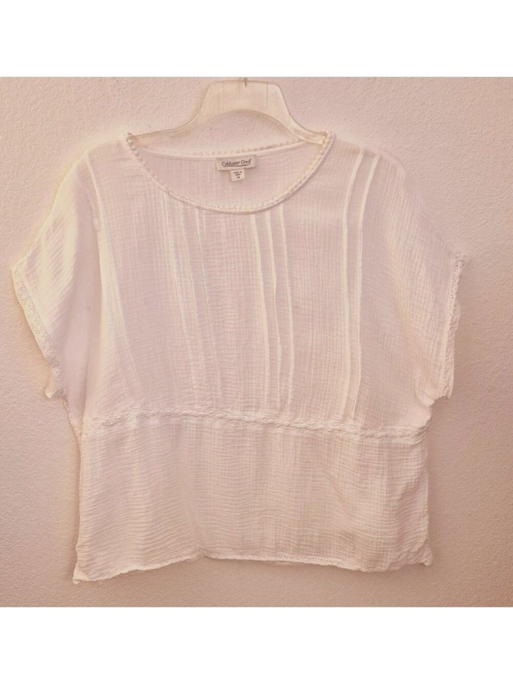 Coldwater Creek 100% Cotton Pullover Relaxed Fit Pleated Top Lace Trim 1X EUC